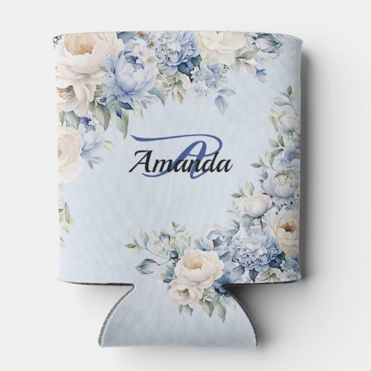 Monogram Party Dusty Blue Waterverf Ivoorbloemen Blikjeskoeler (Achterkant)