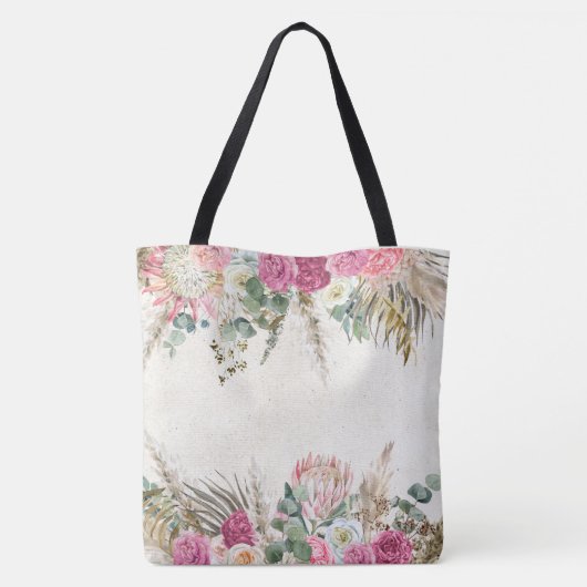 Monogram Pastel Boho Neutral Floral Initiaal Tote Bag (Achterkant)