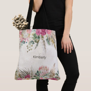 Monogram Pastel Boho Neutral Floral Initiaal Tote Bag
