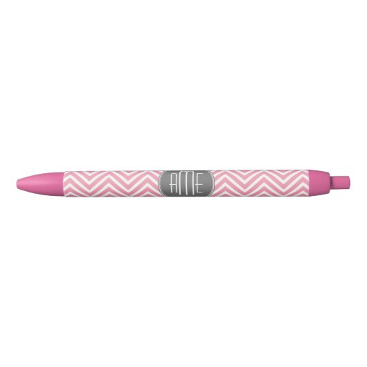 Monogram Pastel Pink en Gray Chevron Pattern Zwarte Inkt Pen (Voorkant)