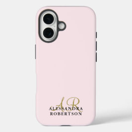Monogram Pastel Pink Minimalist Gold Black Elegant iPhone 16 Hoesje