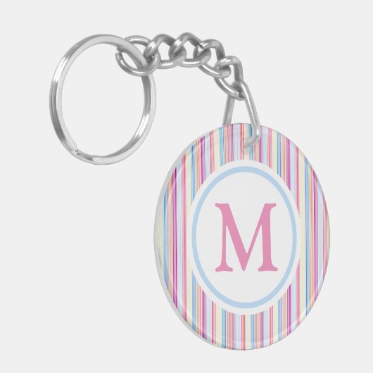 Monogram Pastel Pink Pencil Stripes Sleutelhanger (Voorkant Links)