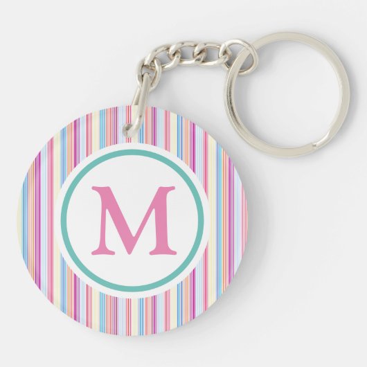 Monogram Pastel Pink Pencil Stripes Sleutelhanger (Achterkant)