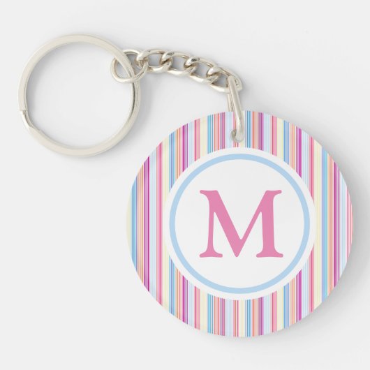 Monogram Pastel Pink Pencil Stripes Sleutelhanger (Voorkant)