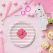 Monogram Pastel Pink Stripes Patten Papieren Bordje (Feest)