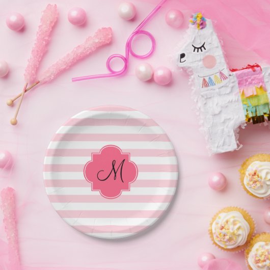Monogram Pastel Pink Stripes Patten Papieren Bordje (Feest)