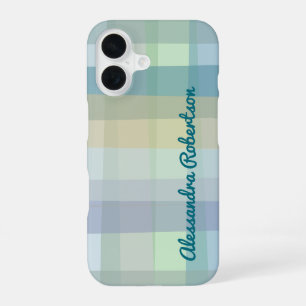 Monogram Pastel Plaid Blauw Blauwgroen Groen Geel  iPhone 16 Hoesje