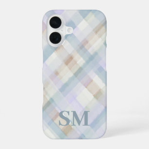 Monogram Pastel Plaid Blauw Lila Beige Aquarel iPhone 16 Hoesje