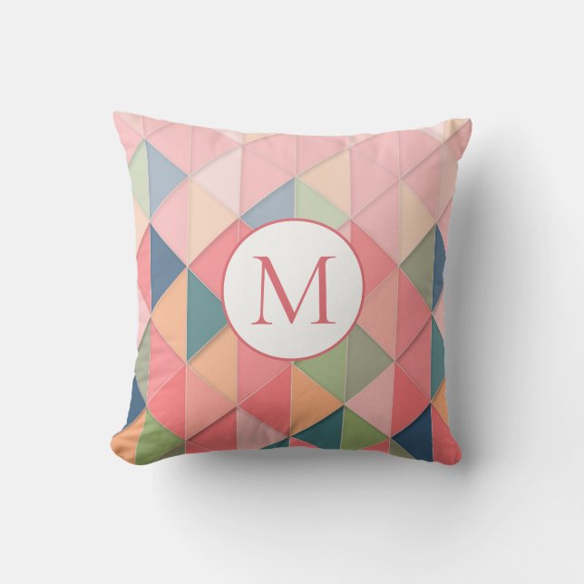Monogram Pastel Roze Blauw Groen Geometrisch Patro Kussen (Voorkant)