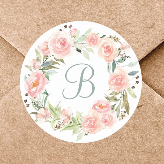 Monogram pastel roze bloem krans ronde sticker