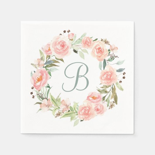 Monogram pastel roze bloem krans servet (Voorkant)