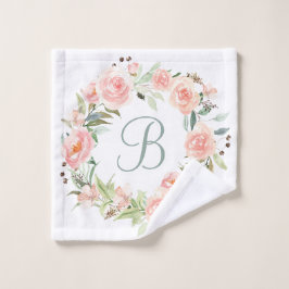Monogram pastel roze bloem krans washandje