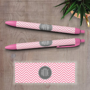 Monogram pastel roze en grijze Chevron Pattern Zwarte Inkt Pen