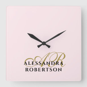 Monogram Pastel Roze Goud Zwart Minimalistisch Mod Vierkante Klok
