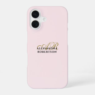 Monogram Pastel Roze Goud Zwart Stijlvol Minimalis iPhone 16 Hoesje