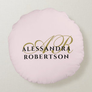 Monogram Pastel Roze Goud Zwart Stijlvol Minimalis Rond Kussen