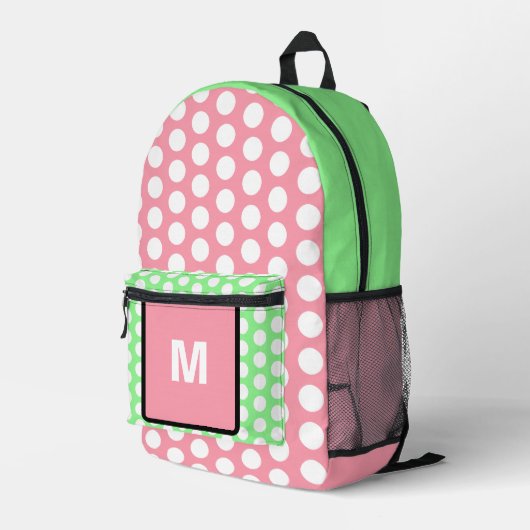 Monogram Pastel Roze Groen Wit Polka stippen Bedrukte Rugzak (Achterkant Hoek Rechts)