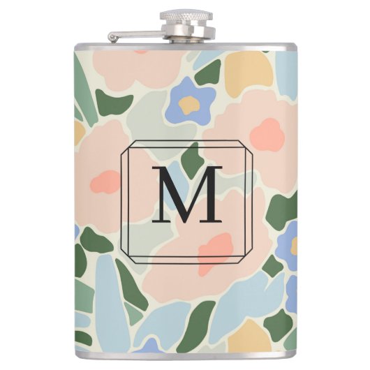 Monogram Pastel Roze Lichtblauw Bloemmotief Heupfles (Voorkant)