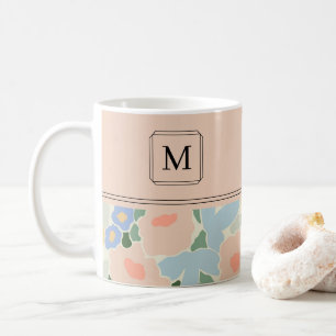 Monogram Pastel Roze Lichtblauw Bloemmotief Koffiemok
