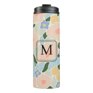 Monogram Pastel Roze Lichtblauw Bloemmotief Thermosbeker
