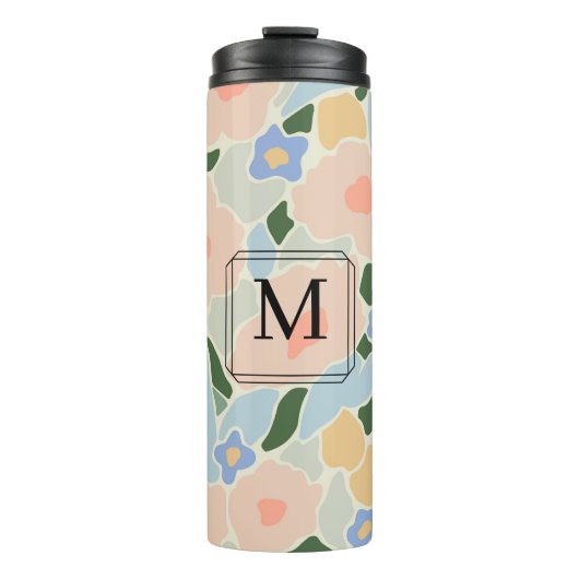 Monogram Pastel Roze Lichtblauw Bloemmotief Thermosbeker (Voorkant)