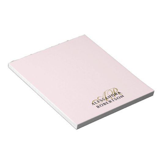 Monogram Pastel Roze Minimalist Elegant Goud Zwart Notitieblok (Schuin)