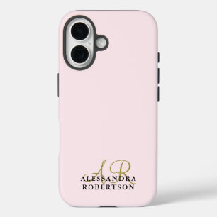 Monogram Pastel Roze Minimalistische Goud Zwarte E iPhone 16 Hoesje