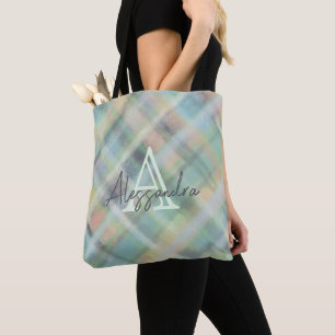 Monogram pastel ruit groen grijs geel turquoise tote bag