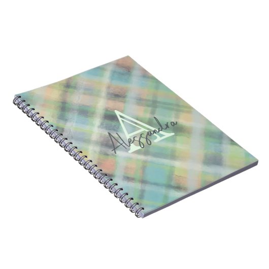 Monogram pastel tartan blauwgroen geel grijs groen notitieboek (Rechterzijde)