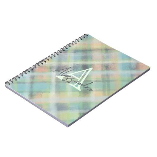Monogram pastel tartan blauwgroen geel grijs groen notitieboek (Linkerzijde)