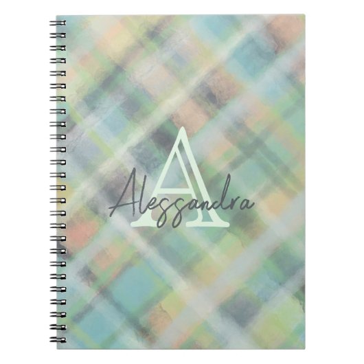 Monogram pastel tartan blauwgroen geel grijs groen notitieboek (Voorkant)