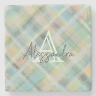 Monogram pastel tartan groen grijs geel blauwgroen stenen onderzetter