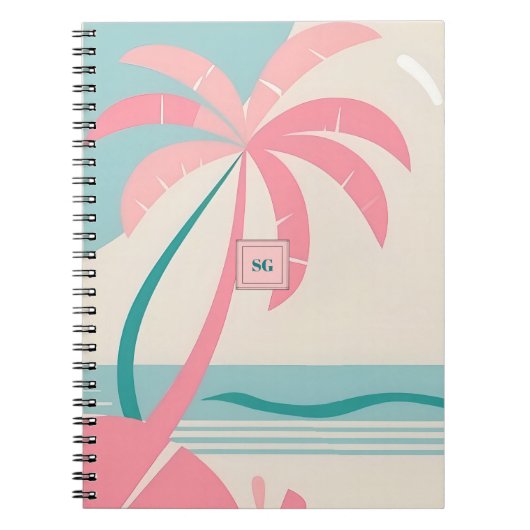 Monogram pastel tropisch strand roze en blauwgroen notitieboek (Voorkant)