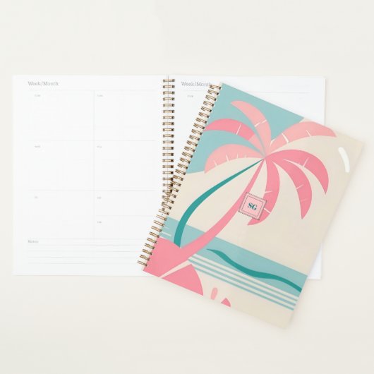 Monogram pastel tropisch strand roze en blauwgroen planner (Display)