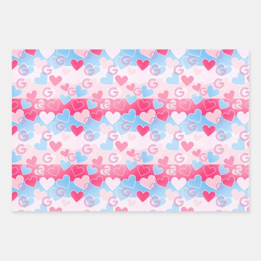 Monogram pastel Waterverf hart roze blauw elegant Inpakpapier Vel (Voorkant)