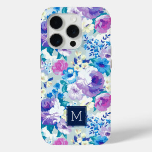 Monogram pastel Waterverven bloemenpatroon iPhone 15 Pro Case