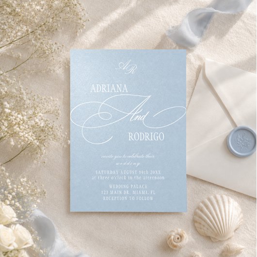 Monogram pastelblauw luxe trouwfeest kaart