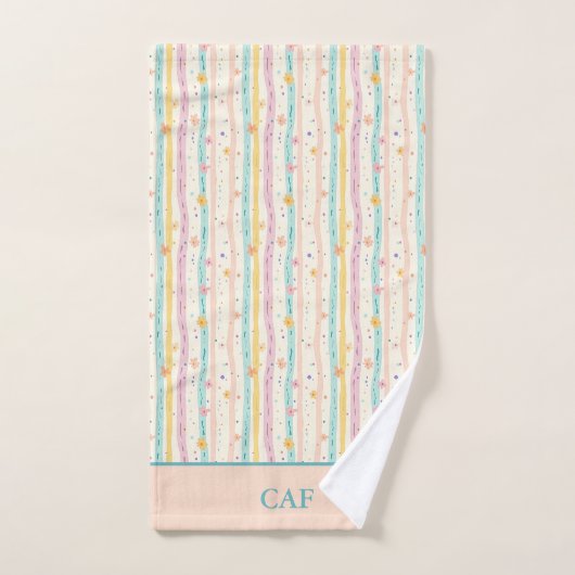 Monogram Pastelstrepen en Bloemen Roze Blauwgroen Bad Handdoek (Handdoek)