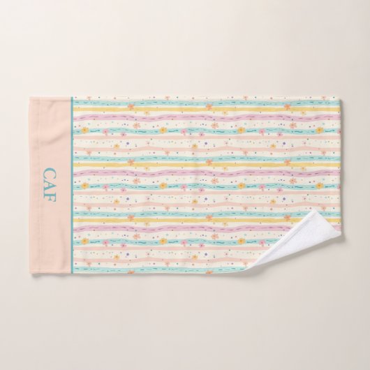 Monogram Pastelstrepen en Bloemen Roze Blauwgroen Bad Handdoek (Handdoek)