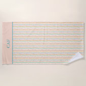 Monogram Pastelstrepen en Bloemen Roze Blauwgroen Strandlaken (Voorkant)