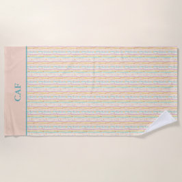 Monogram Pastelstrepen en Bloemen Roze Blauwgroen Strandlaken