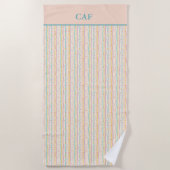 Monogram Pastelstrepen en Bloemen Roze Blauwgroen Strandlaken (Voorkant)