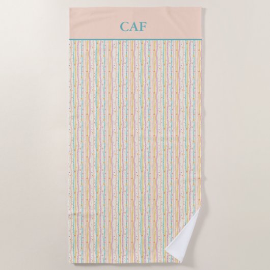 Monogram Pastelstrepen en Bloemen Roze Blauwgroen Strandlaken (Voorkant)