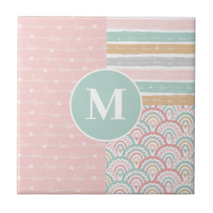 Monogram - Patchwork Hearts Regenboog Keramische T Tegeltje
