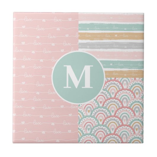 Monogram - Patchwork Hearts Regenboog Keramische T Tegeltje (Voorkant)