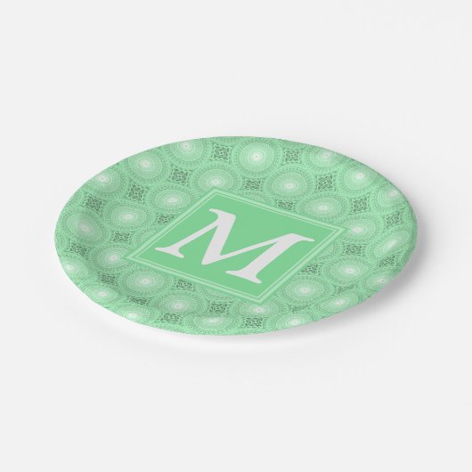 Monogram patroon groene cirkels papieren bordje (Gekanteld)