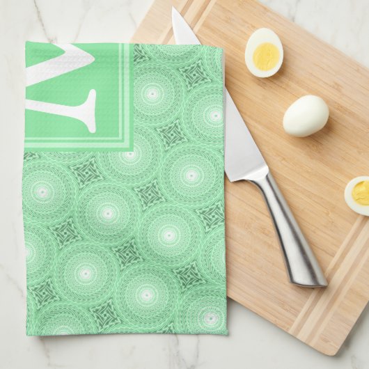 Monogram patroon groene cirkels theedoek (Quarter Fold)