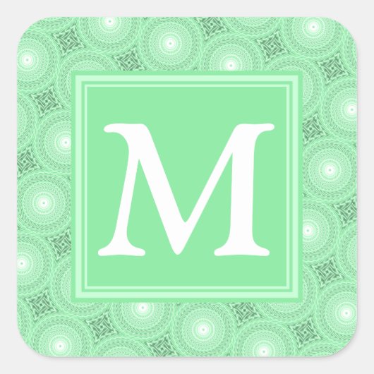 Monogram patroon groene cirkels vierkante sticker (Voorkant)