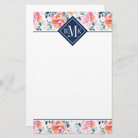Monogram | Patroon met geschilde Rozen Briefpapier (Voorkant / Achterkant)