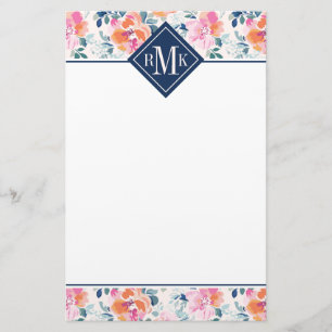 Monogram   Patroon met geschilde Rozen Briefpapier